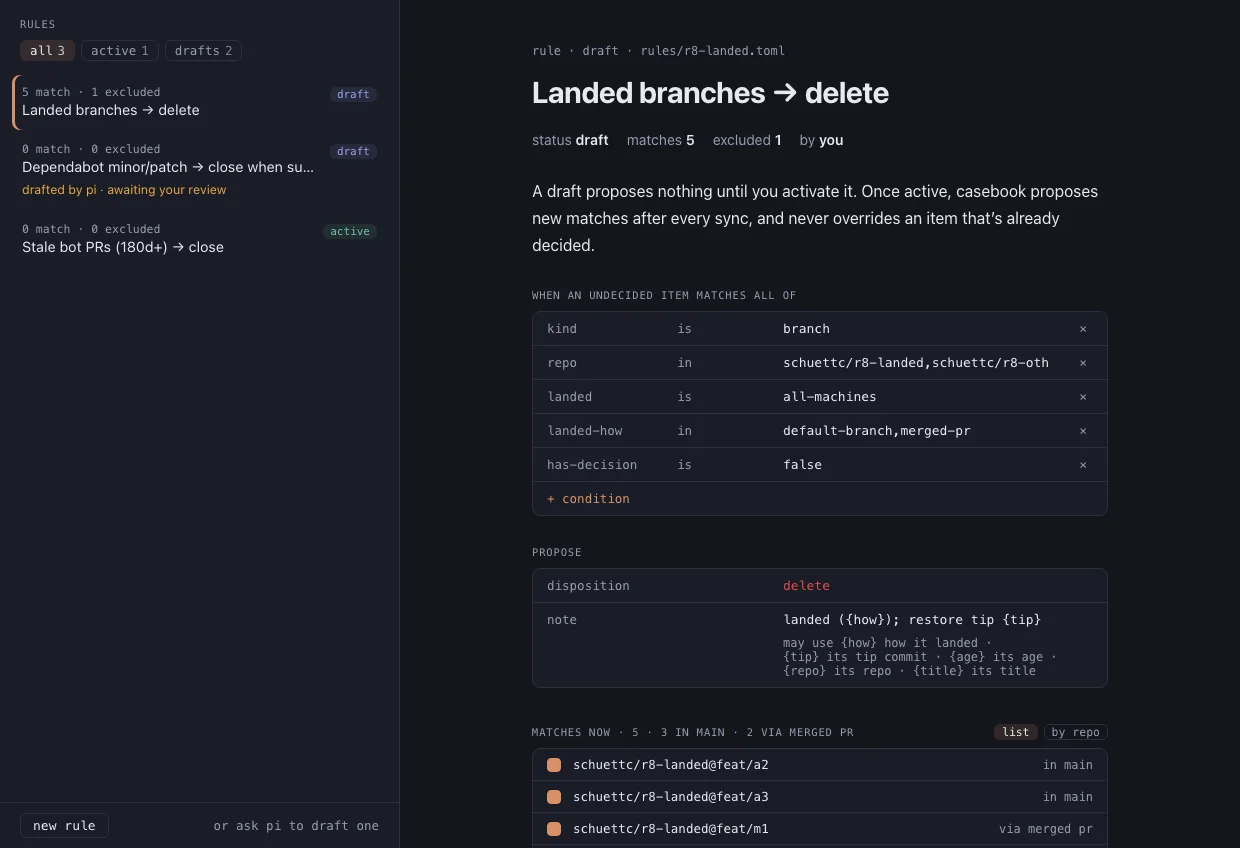 A draft rule named Landed branches to delete: five conditions, a delete proposal with a note template, and five live matches, three in main and two via a merged pull request.