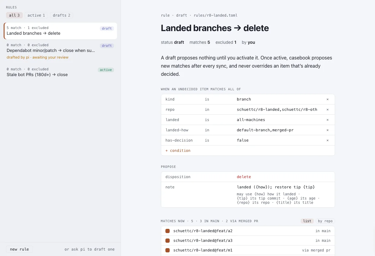 A draft rule named Landed branches to delete: five conditions, a delete proposal with a note template, and five live matches, three in main and two via a merged pull request.